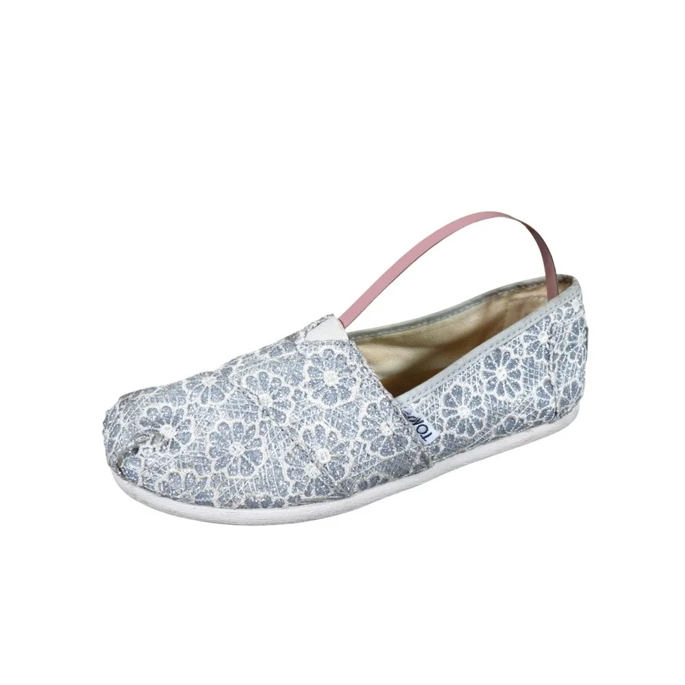 TOMS Alpargata Women Slip On Flat Size 5.5 Sparkle Silver Glitter Crochet Lace